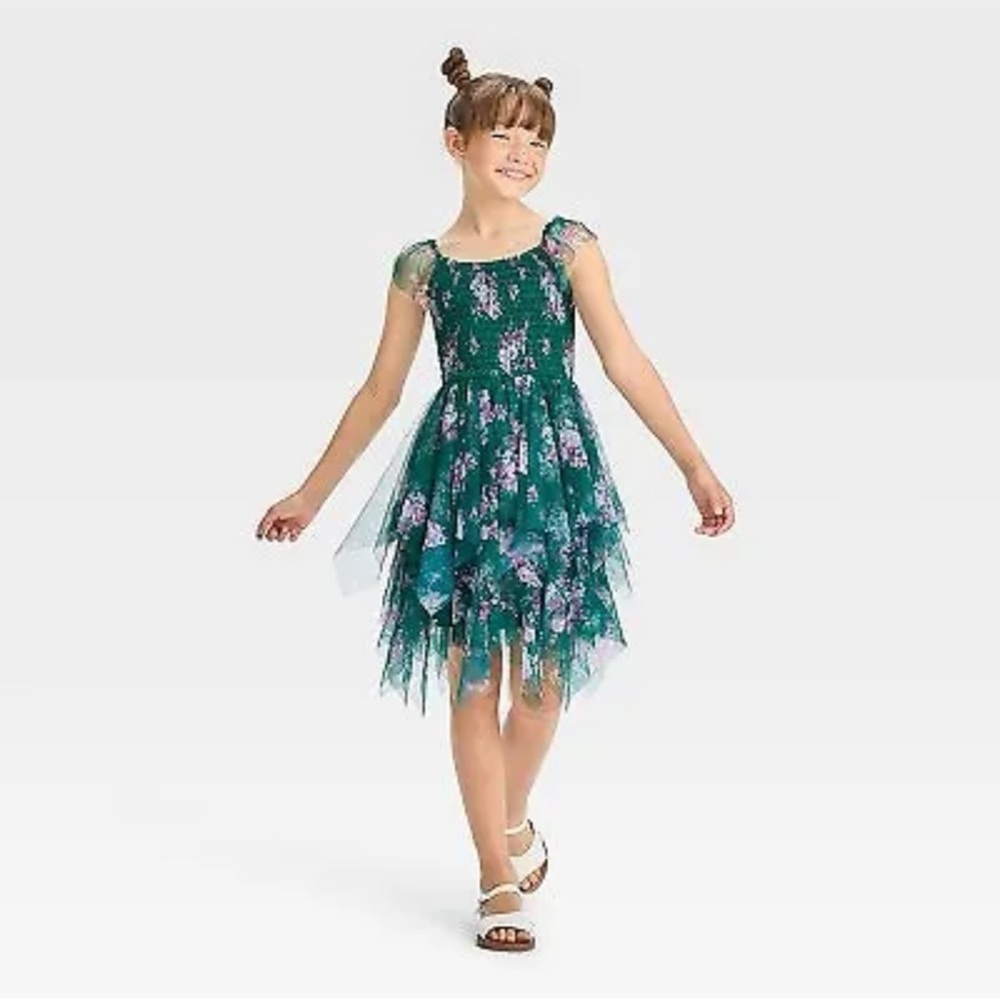 Zenzi Girls’ Floral Flutter Sleeve Jade Charm XL(14) NWT